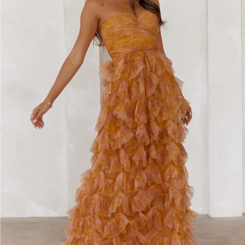 HELLO MOLLY FESTIVAL OF YOU STRAPLESS TULLE MAXI DRESS MUSTARD